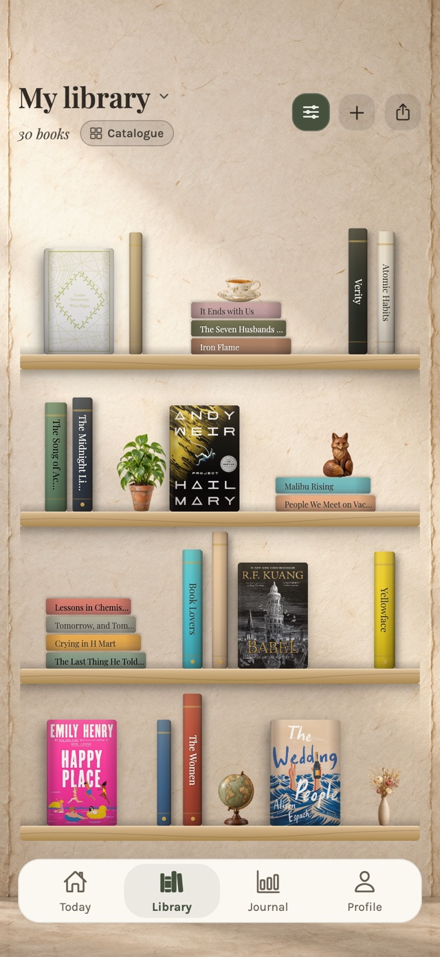 Wooden bookshelf with book covers, spines, stacks and decorations in myShelf