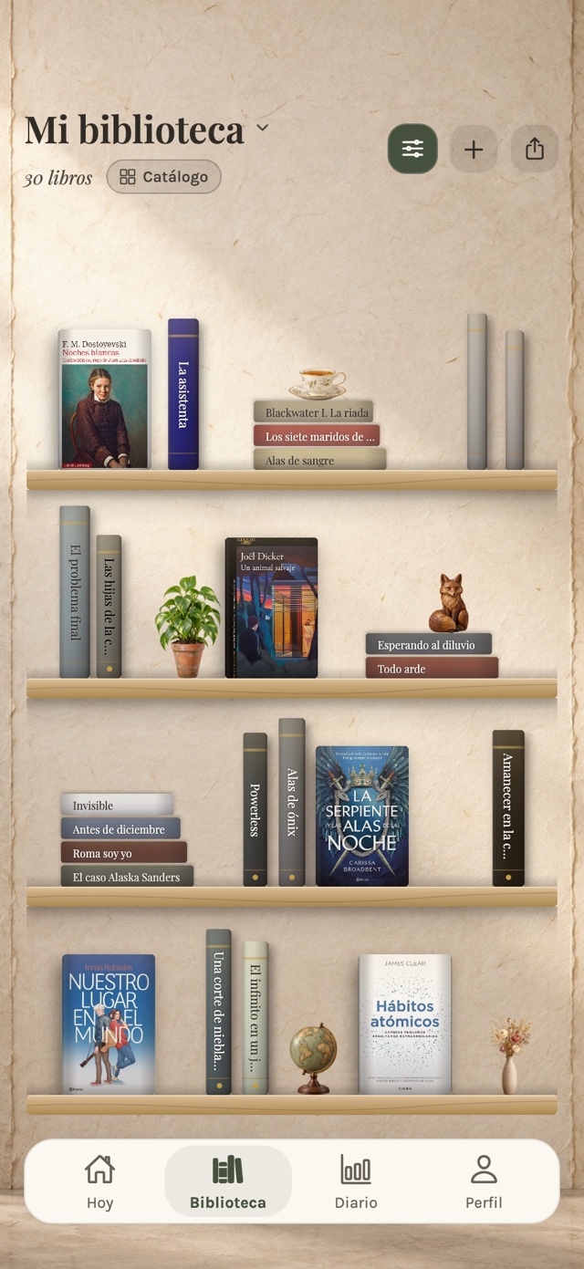Estantería de madera con libros de portada, lomos, pilas y adornos en myShelf